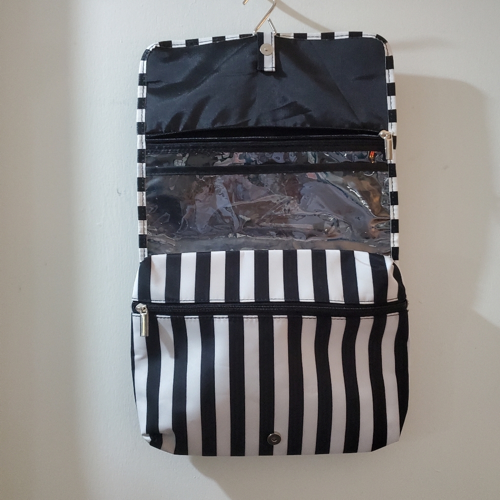 Macy's hanging toiletry / cosmetics travel bag, black white stripes & polka dots